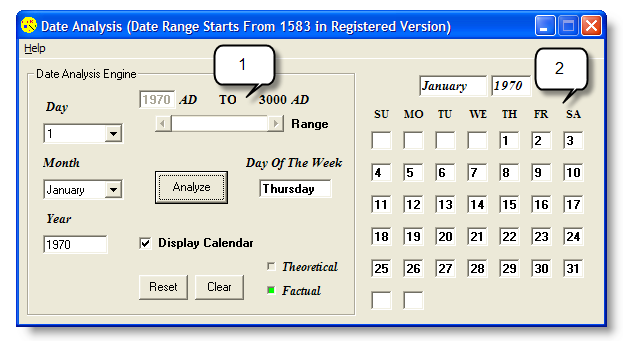 This graphic shows the fields and buttons in the Date
        Analysis Engine window. The window contains the
        Date Analysis Engine pane and the
        calendar pane.