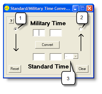 This graphic shows the fields and buttons in the
        Standard/Military Time Converter window.