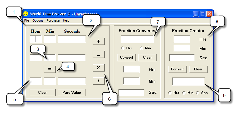 This graphic shows the fields and buttons in the main
        World Time Pro window. The window has a
        main calculation pane, a Fraction
        Converter pane and a Fraction Creator
        pane.
