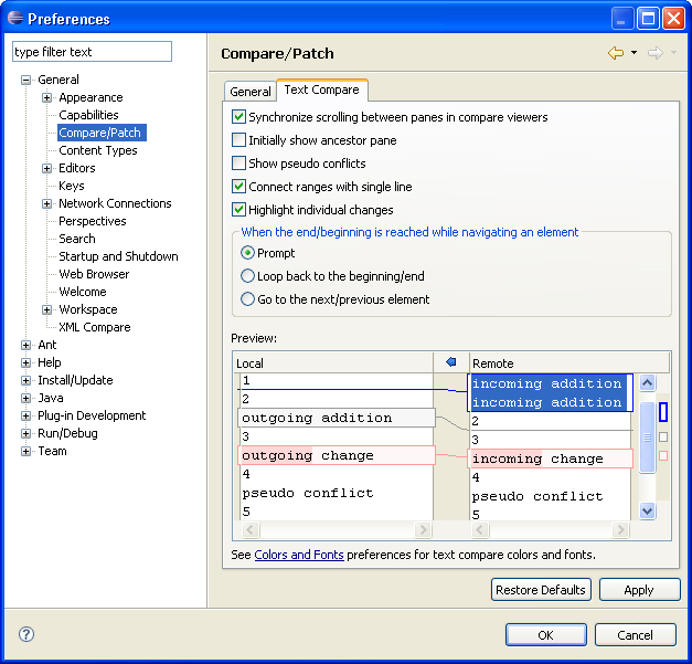 Compare preference page (Text Compare tab)