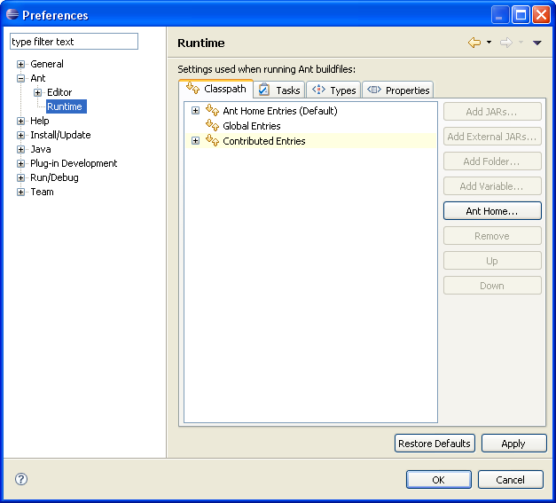 Ant classpath preference page