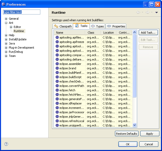 Ant tasks preference page