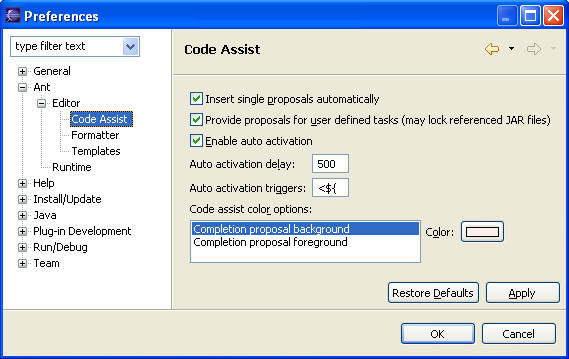 Ant Code Assist preference page