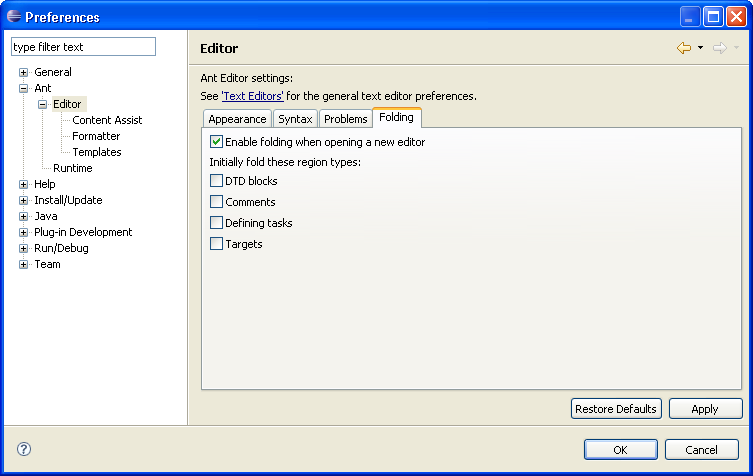 Ant editor Folding preference page