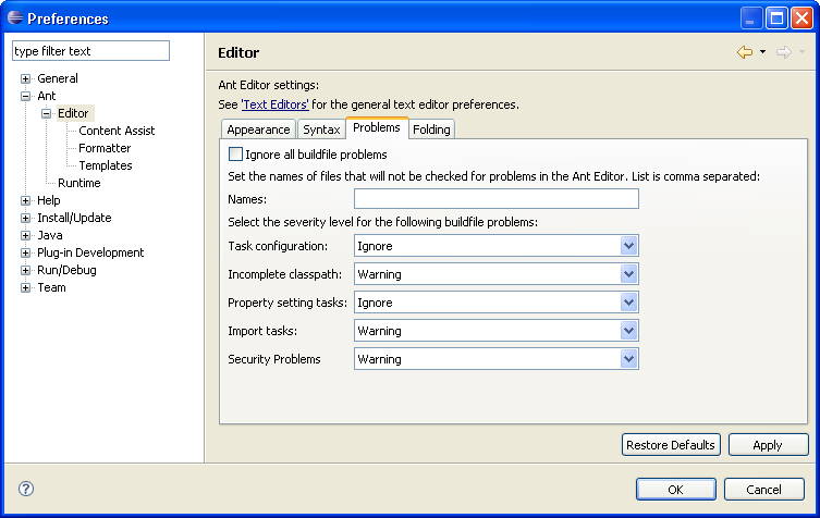 Ant editor Problems preference page