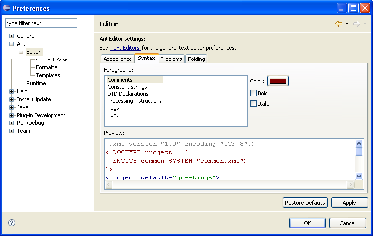 Ant editor syntax preference page