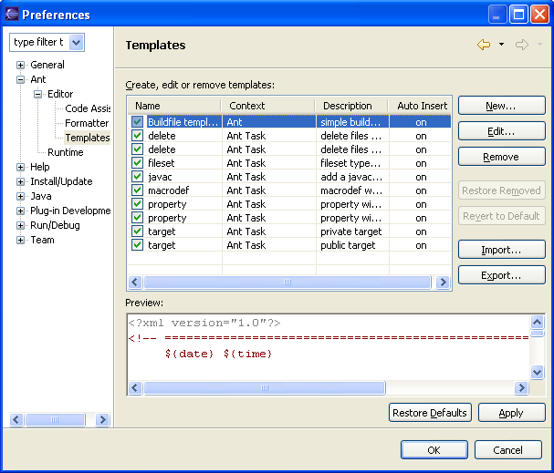 Ant Templates preference page