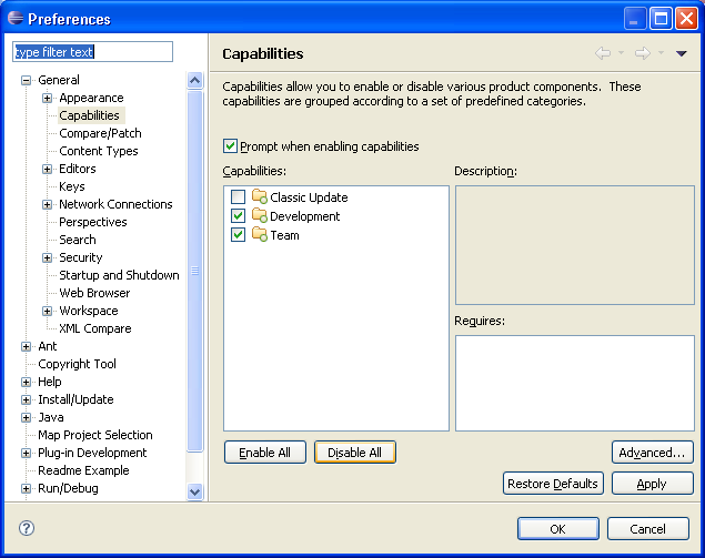 Image of Capabilities Preference page