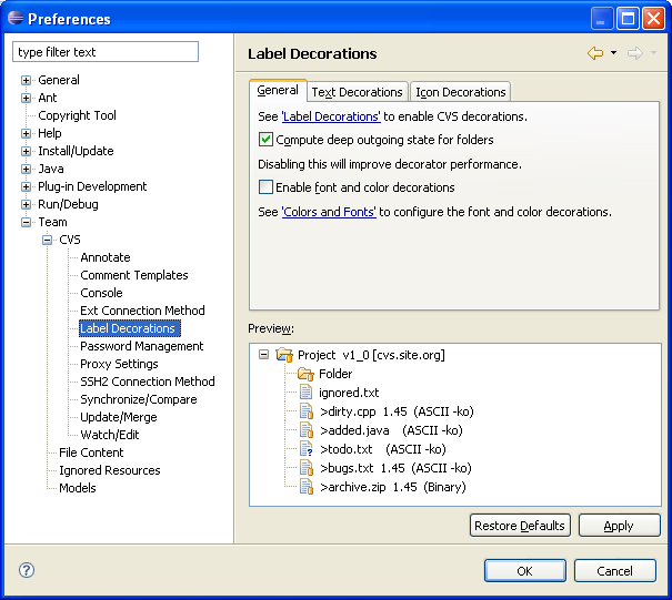 General tab from the CVS Label Decorations preference page
