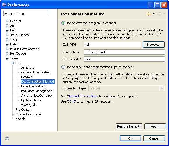 Ext Connection Method preference page