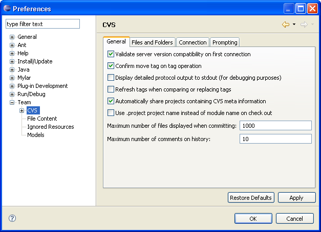 CVS preference page - General tab