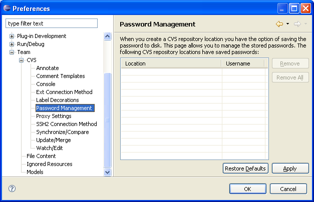 Password Management preference page