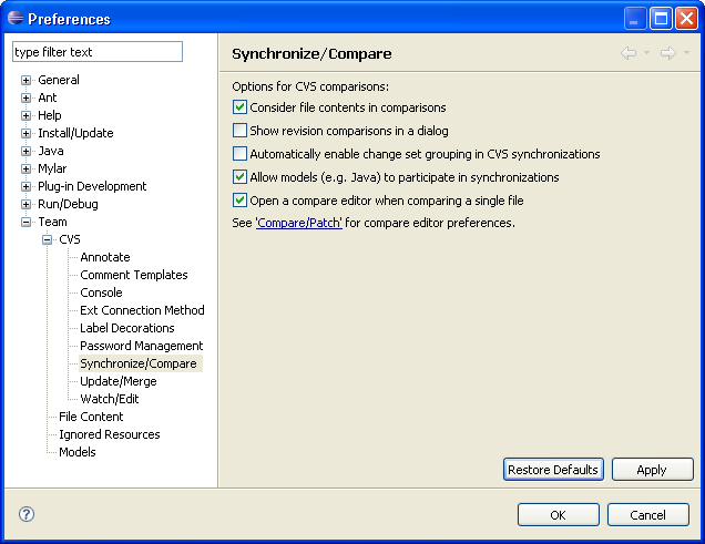 Synchronize/Compare preference page