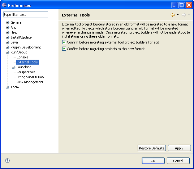 External Tools preference page