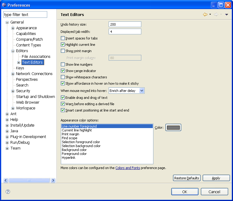 Image of the Text Editors preference page