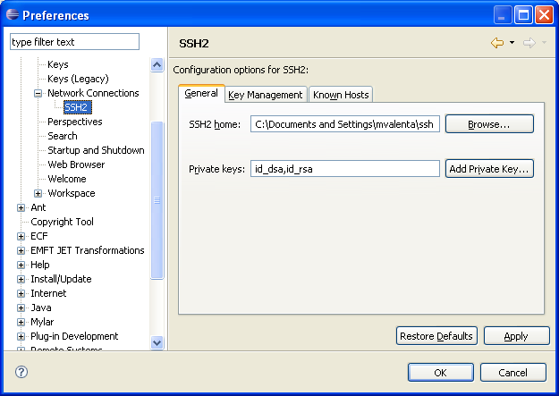 SSH2 preference page - General tab