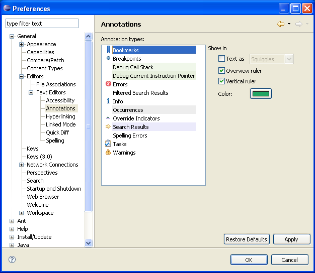 Annotations preference page