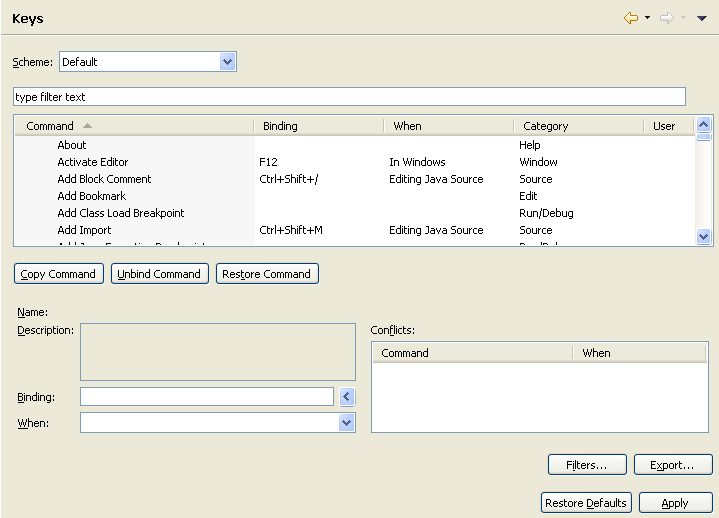 Key bindings preference dialog