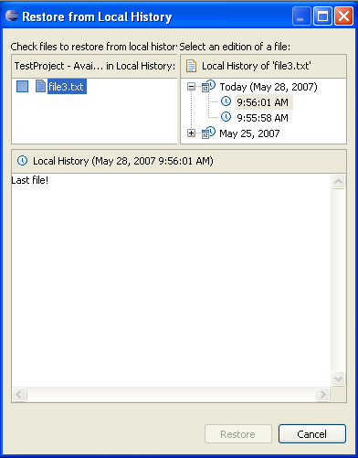 Restore from local history dialog