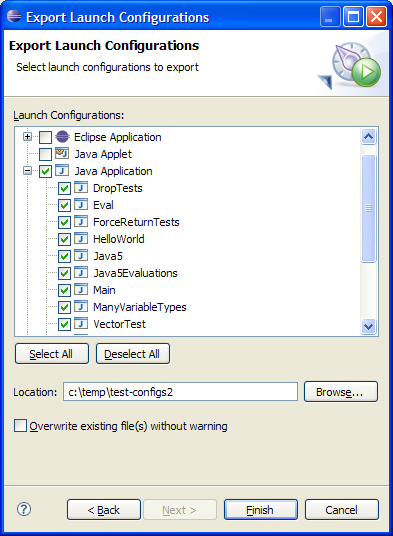 Wizard page used to select launch configurations to export