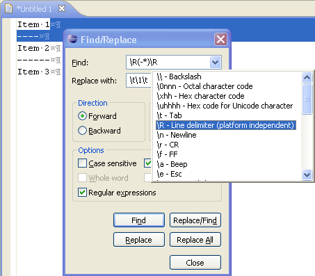 Find/Replace dialog with content assist showing \R